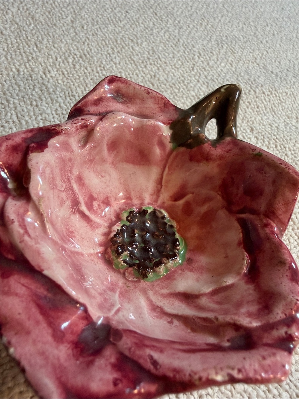 Vintage Italian Ceramic Pink Poppy Trinket Dish Ring Holder